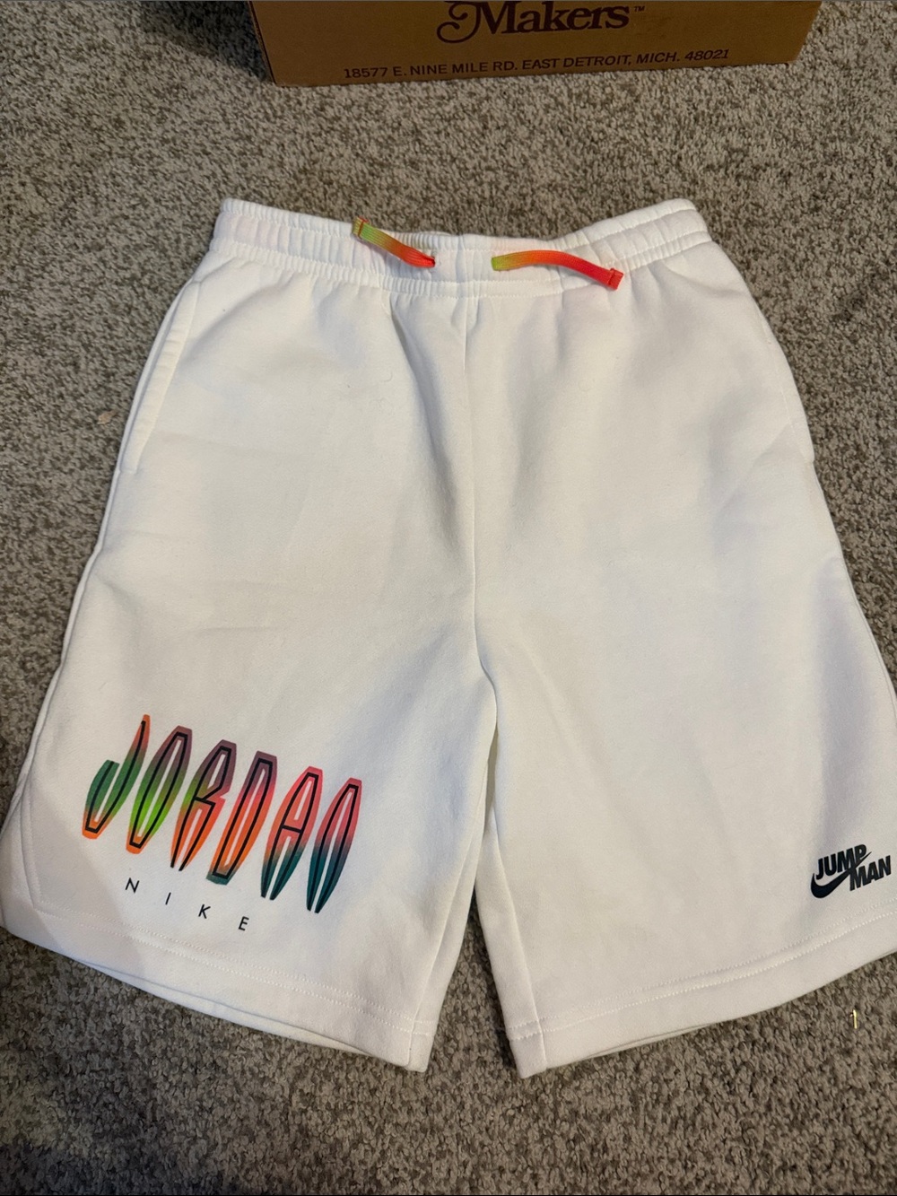 Jordan White Shorts with Multicolor Gradient Logos